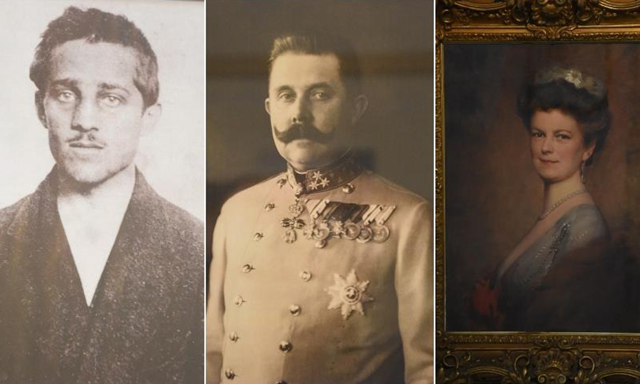 Sırp milliyetçi Gavrilo Princip (solda), Avusturya Arşidükü Franz Ferdinand (ortada), Prenses Sophie Chotek (sağda)